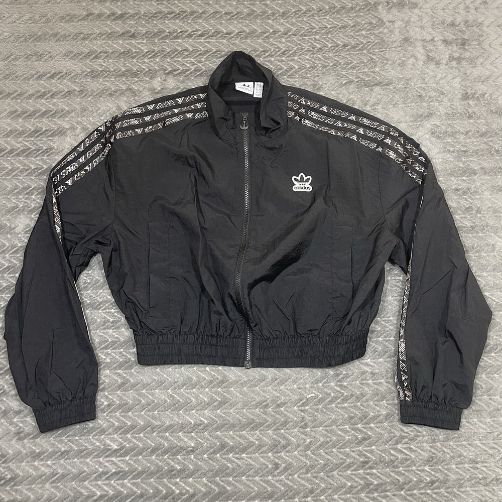 Adidas Jacket Women Small  Cropped Full Zip 3 Stripe Track Nylon Snake Print